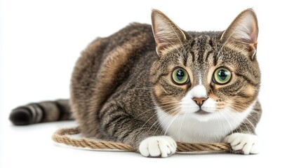 Gray and Orange Tabby Cat Sitting on White Background - Cute Pet Theme Design for Animal Illustrations and Minimalist Pet Product Advertising