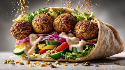 Falafel balls, shredded lettuce, tomato slices, pickled onions, tahini sauce, and cucumber spears float in descending order.