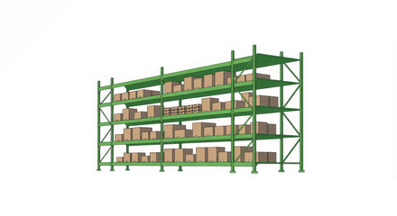 Storage shelving unit filled with various boxes in a warehouse setting during daylight