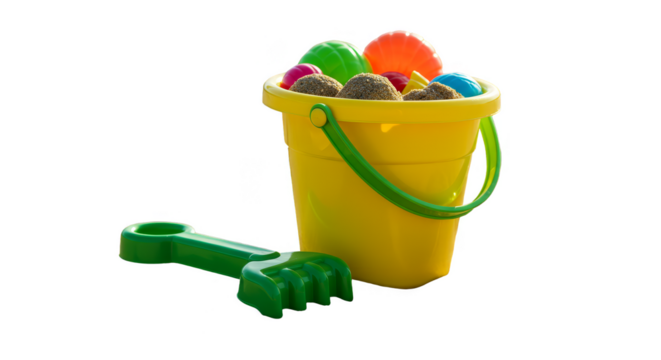 Isolated Transparent Background of Yellow Bucket with Colorful Toys
