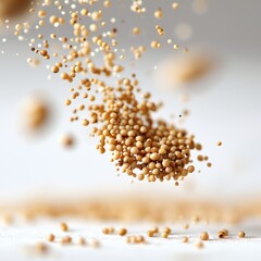 Close-up of mustard seeds suspended in the air, showcasing texture.