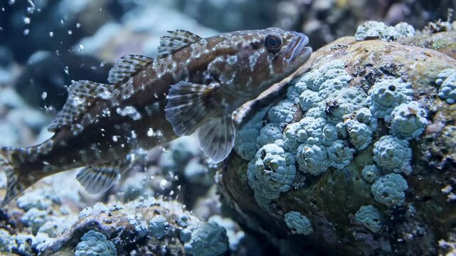 Underwater scene showcasing a rock cod fish swimming near coral formations, with bubbles rising, creating a serene marine atmosphere