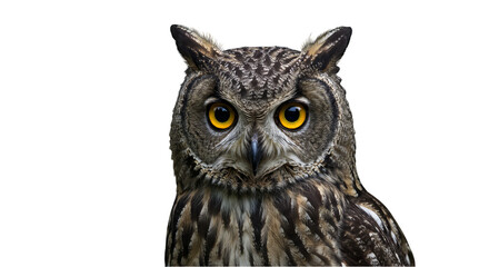 Fototapeta premium Isolated Transparent Background Portrait of a Brown Owl with Yellow Eyes