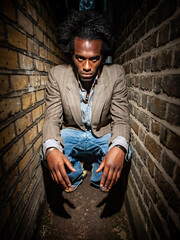 Urban Angel. Strong direct eye contact from a challenging character blocking a dark and narrow...