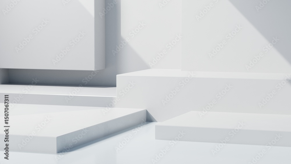 Aufkleber 3d rendering of empty white concrete room with geometry podium background, Empty space for product presentation	