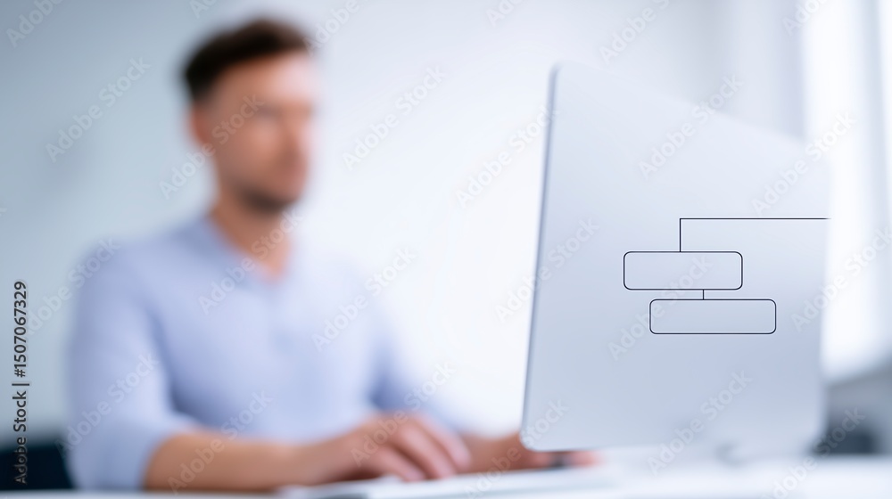 Poster professional man working on computer with flowchart graphic on screen in modern office environment s