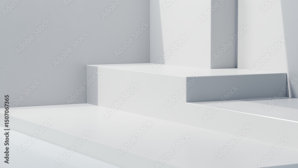 Fototapete 3d rendering of empty white concrete room with geometry podium background, Empty space for product presentation	