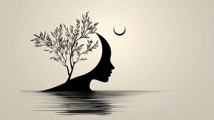 Silhouette of a woman with a tree, moon, and water reflection