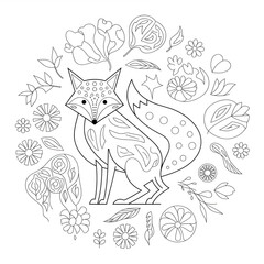 A black and white fox illustration line art of a coloring page