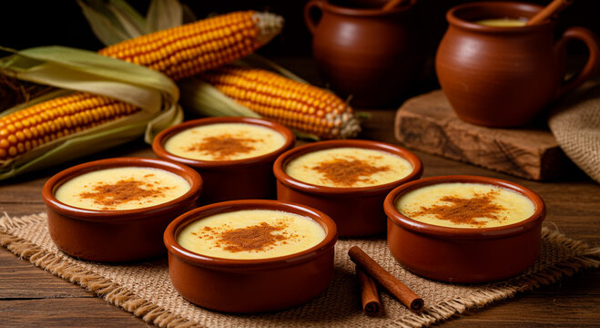 Traditional Brazilian dessert curau in clay bowls with cinnamon, rustic decor and corn background.
