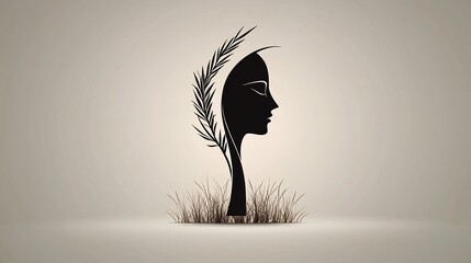 Silhouette of a woman's profile, crowned with stylized wheat, rooted in grass