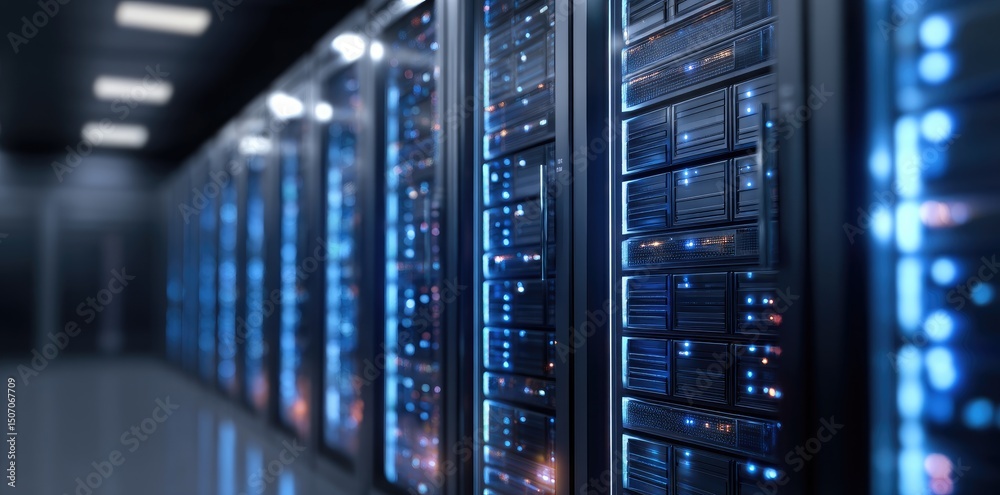 Fototapete Close-up of sleek data servers with blinking lights in a high-tech corridor, perfect for cloud computing, IT solutions, network infrastructure, and cybersecurity promotions