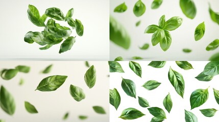Fresh basil leaves, vibrant green, in motion, suspended in the air, against a white background. Four panels show different perspectives
