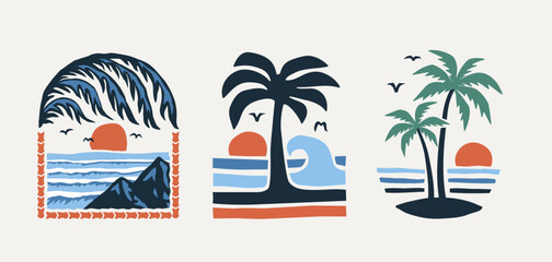 Tropical sunset vector set with palm trees, ocean waves, and birds in a retro color palette. Perfect for t-shirt designs, surf brands, travel posters, and summer-themed graphics.