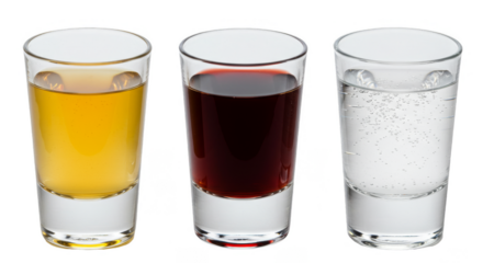 Isolated Transparent Background Three Shot Glasses with Various Color Liquid