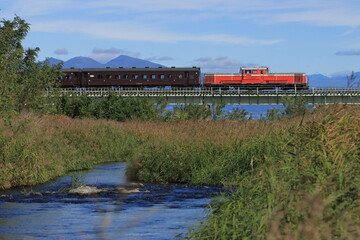 赤城山を背景に八高線を里帰り走行するDD51牽引の「DLレトロ八高号」_2023/11/11撮影