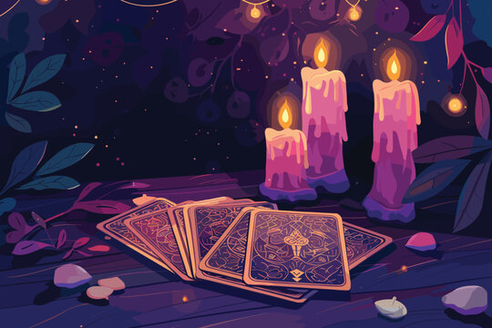 Fortune teller room with magic ball and tarot cards on table with red cloth. Vector cartoon interior of magician room with occult accessories for fate prediction, crystal, palmistry hand and candles