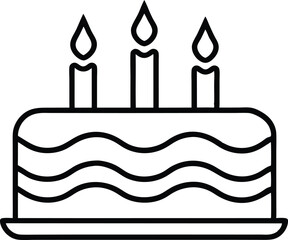 Black outlined birthday cake features three lit candles, over white background, transparent