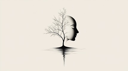 Silhouette of a woman's profile with a bare tree inside her head, reflected on a still surface