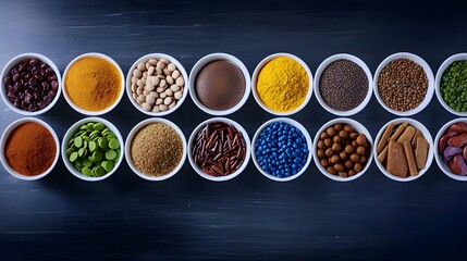 Colorful Array of Various Spices and Herbs in White Bowls on Dark Background
