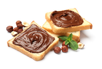 Toasts with chocolate hazelnut spread, nuts and mint isolated on white