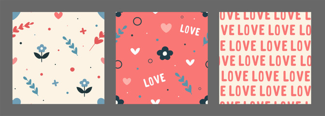Set of seamless romantic patterns with flowers and hearts on beige and red background. Cute festive design for Valentine's Day, date and birthday. For printing on fabric, textile and wrapping paper.