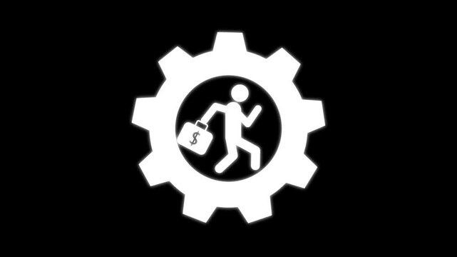 Business man gear wheel character cartoon guy running run inside rotate cogwheel stylized human hamster person worker blue gearwheel business career employment concept4k animation 