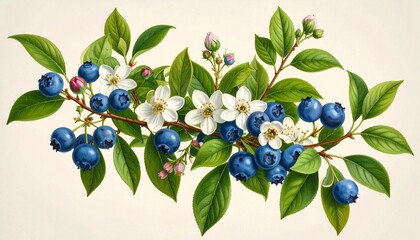 A detailed botanical illustration of the blueberry plant, showing flowers, leaves, and ripe berries &mdash; scientific style on cream background