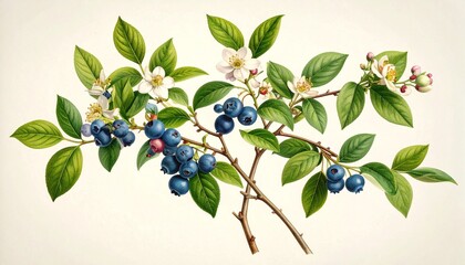 A detailed botanical illustration of the blueberry plant, showing flowers, leaves, and ripe berries &mdash; scientific style on cream background