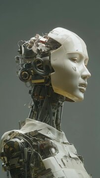 Futuristic humanistic robot with visible internal mechanics and a smooth artificial skin, creating a concept of technological advancement