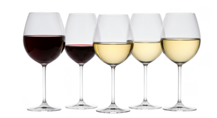 Isolated Transparent Five Wine Glasses with Various Wines Still Life