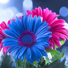 Vibrant Blue and Pink Gerbera Daisies in a Lush Green Setting with Blurred Background Lights