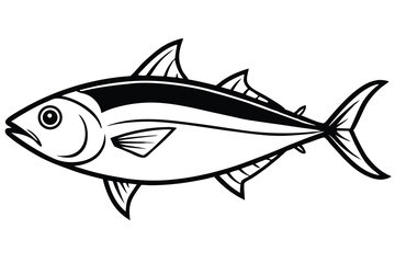 Tuna Fish Illustration in Black and White Outline Style With Prominent Fin Details