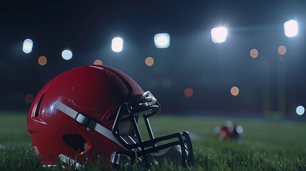 Fototapeta premium American football helmet lying on green field with cleat marks, ready for next play. Sports equipment, athletic competition, team spirit and determination in professional game. 