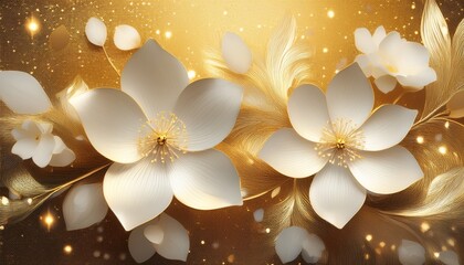 Fototapeta premium stylized white flowers on gold background with glitter