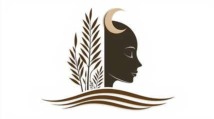 Silhouetted profile of a woman, moon, and stylized plants, positioned over wavy lines