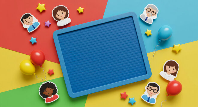 Colorful learning and creativity setting with playful character cutouts and balloons displayed on a bright backdrop