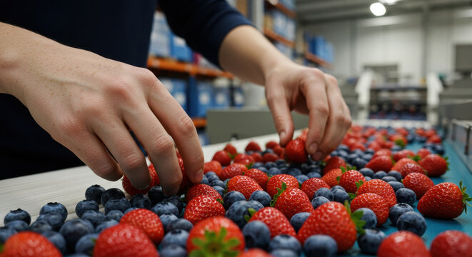 Workers sorting fresh strawberries and blueberries in a warehouse during the harvest season in an agricultural facility - Powered by Adobe