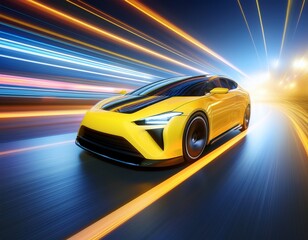 Naklejka premium futuristic yellow vehicle speeding through vibrant light trails in motion