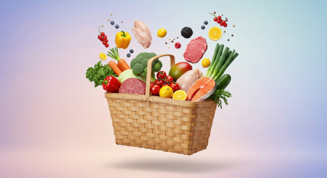Fresh and vibrant assortment of ingredients floating above a woven basket in colorful display