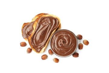 Toasts with tasty chocolate spread and hazelnuts isolated on white, top view