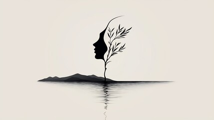 Silhouetted profile of a woman merging with a stylized tree on an island