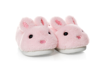 Cute kid slippers in shape of bunnies isolated on white