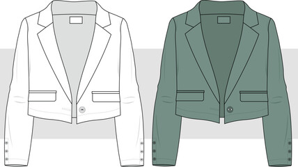 Women's oversize double breasted cropped blazer jacket, fashion design drawing, flat sketch, illustration, vector. Front view, Cad, Mockup.	