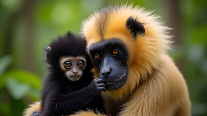 Obraz premium Close mage of Yellow Cheeked Gibbon monkey Nomascus, Monkey hold his baby monkey, cute monkey 