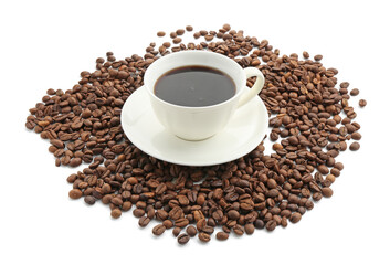 Aromatic coffee in cup and beans isolated on white