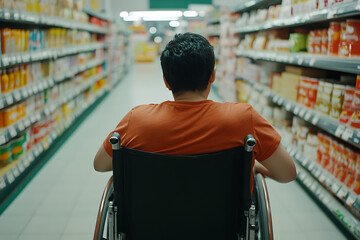 Person in wheelchair navigates grocery aisle, accessible shopping.
