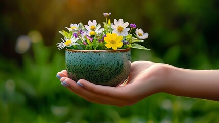 Small ceramic bowl, holding a bouquet of wildflowers, held in a hand