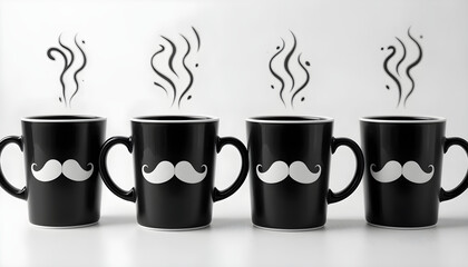 Obraz premium Black coffee mugs with mustache design hot drink beverage cafe morning breakfast coffee break caffeine steam