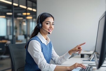 Fototapeta na wymiar A woman wearing a headset works at a computer and points at the screen, realistic photo style, office space background, concept of customer support. Ai generative